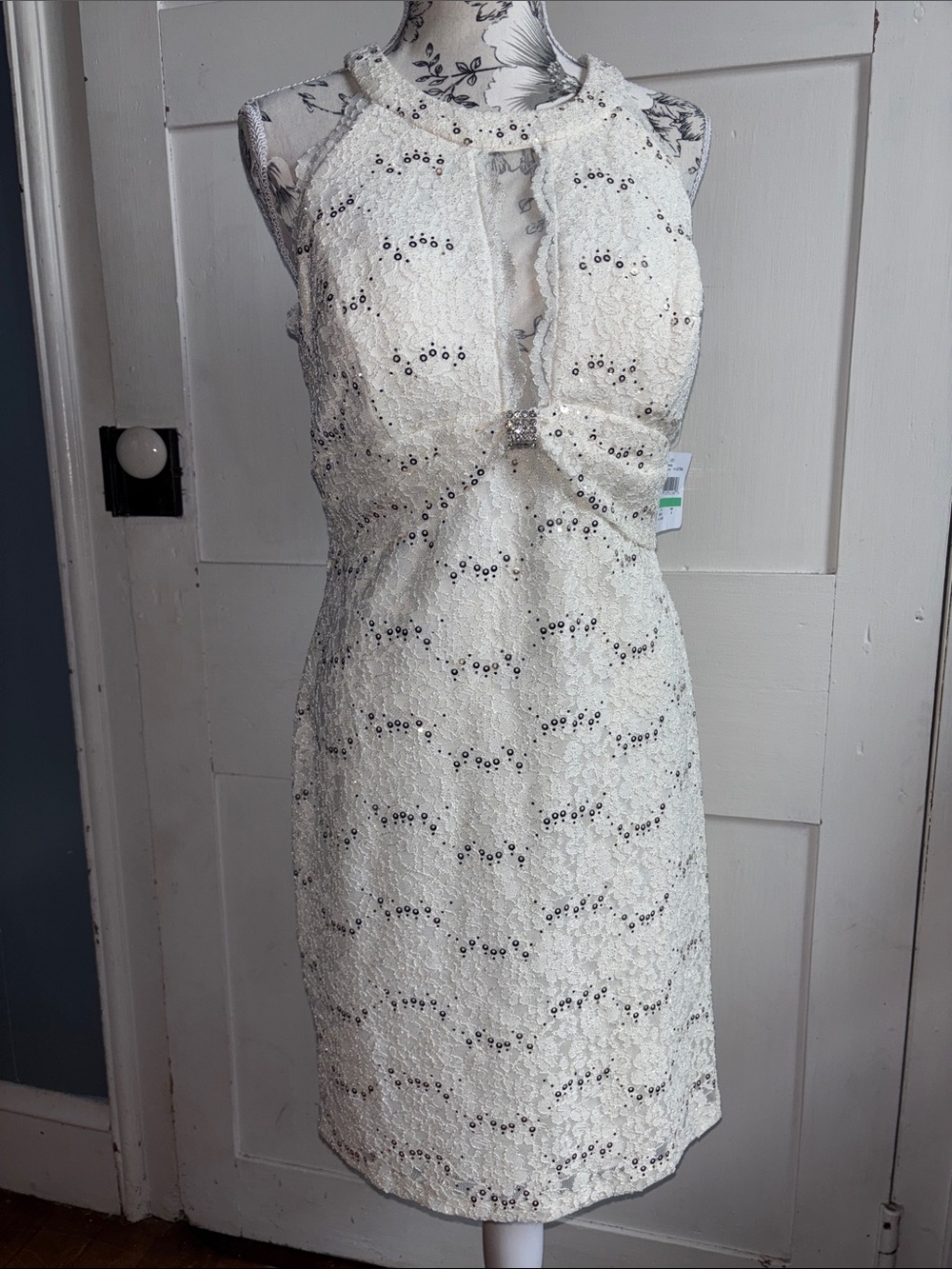 Elegant Formal Fancy Ivory Lace Midi Dress Decorative Bow